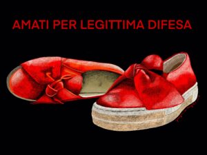l'immagine di un paio di scarpe da donna rosse, una girata al contrario, un manifesto contro la violenza sulle donne
