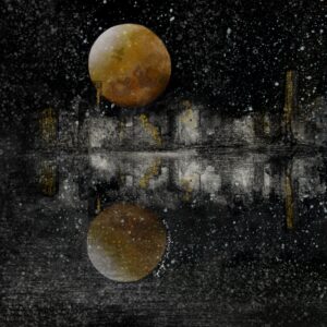 una città fantasma, in rovina, sorvegliata da una grande luna piena, realizzata con procreate e acquerello