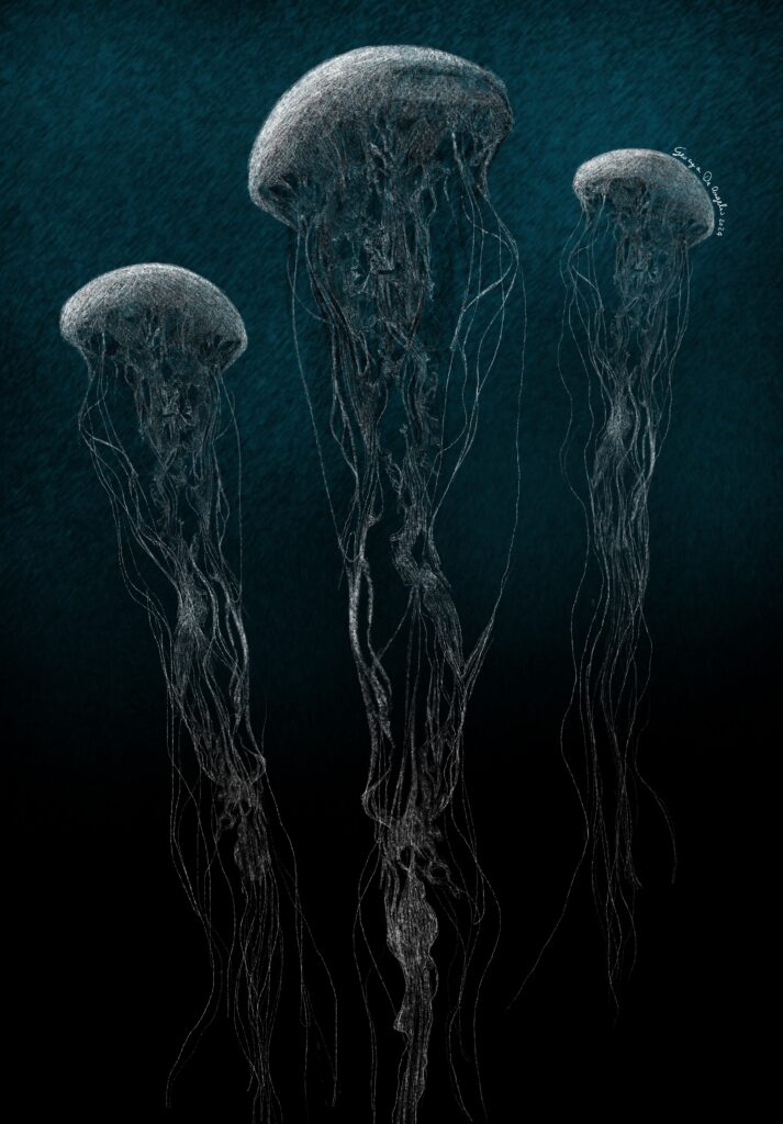 Illustrazione di Georgia De Angelis, meduse fluttuanti in ambiente marino, tonalità blu e rosa, tecnica digitale Procreate, stile pittorico contemporaneo