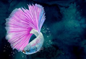 Un piccolo pesce rosa nuota sul fondo di una mare scuro, illustrazione di Georgia De Angelis