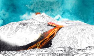 Etna in eruzione con la neve, illustrazione di Georgia De Angelis