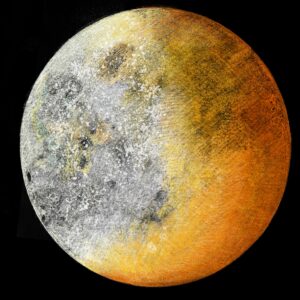 Illustrazione della luna piena di Georgia De Angelis associata ai mesi dell’anno tecnica mista, acquerello e digital illustration con procreate, stampa su carta hannemüle su ordinazione