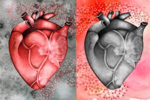 due cuori di Georgia De Angelis, illustrati con acquerello e digitale, uno rosso su fondo grigio e uno grigio su fondo rosso, bollicine escono dalle principali arterie
