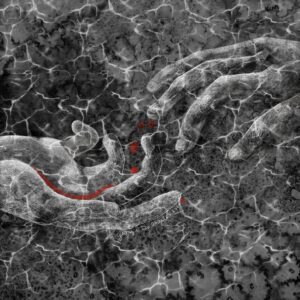 due mani sotto l'acqua, cercano di afferrarsi, giochi di luci e ombre in bianco e nero