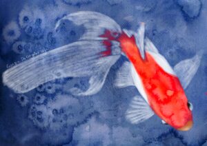 Illustrazione di Georgia De Angelis, pesce rosso in movimento su sfondo blu, tecnica digitale Procreate, stile pittorico contemporaneo