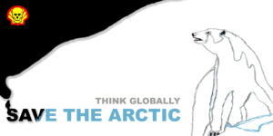 Save the Arctic illustrazione di Georgia De Angelis che racconta di come le compagnie petrolifere che trivellano in artico per il greggio, rovinano l'ambiente decimando gli orsi che ormai sono ridotti allo stremo