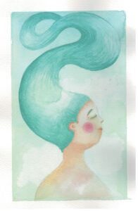 Donna con i pensieri tra le nuvole, illustrazione ad acquerello di Georgia De Angelis