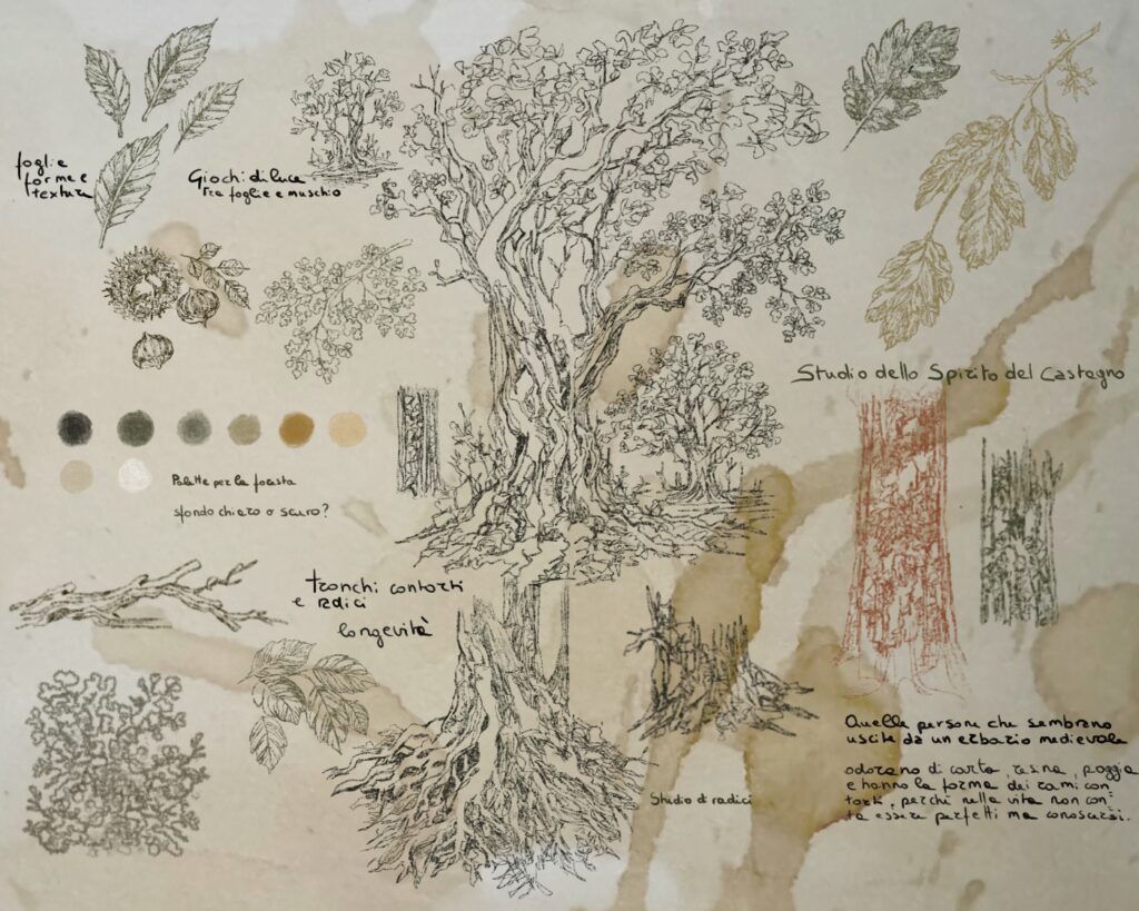 Una pagina del taccuino che mostra diverse prove per disegnare un albero